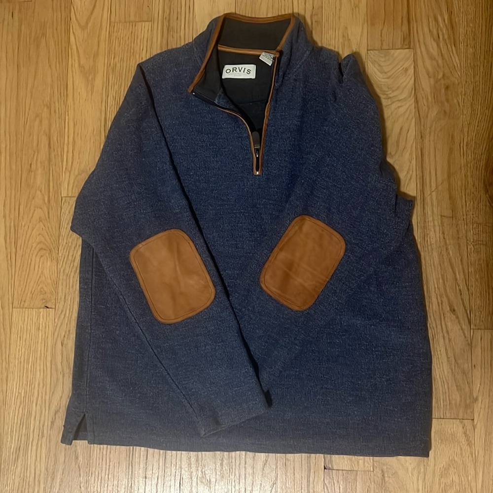 Blue orvis pullover with leather accents